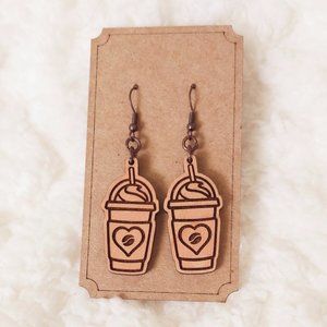 5/$25 Iced Coffee Frappuccino Earrings Dangle Wooden w/Heart Coffee Bean